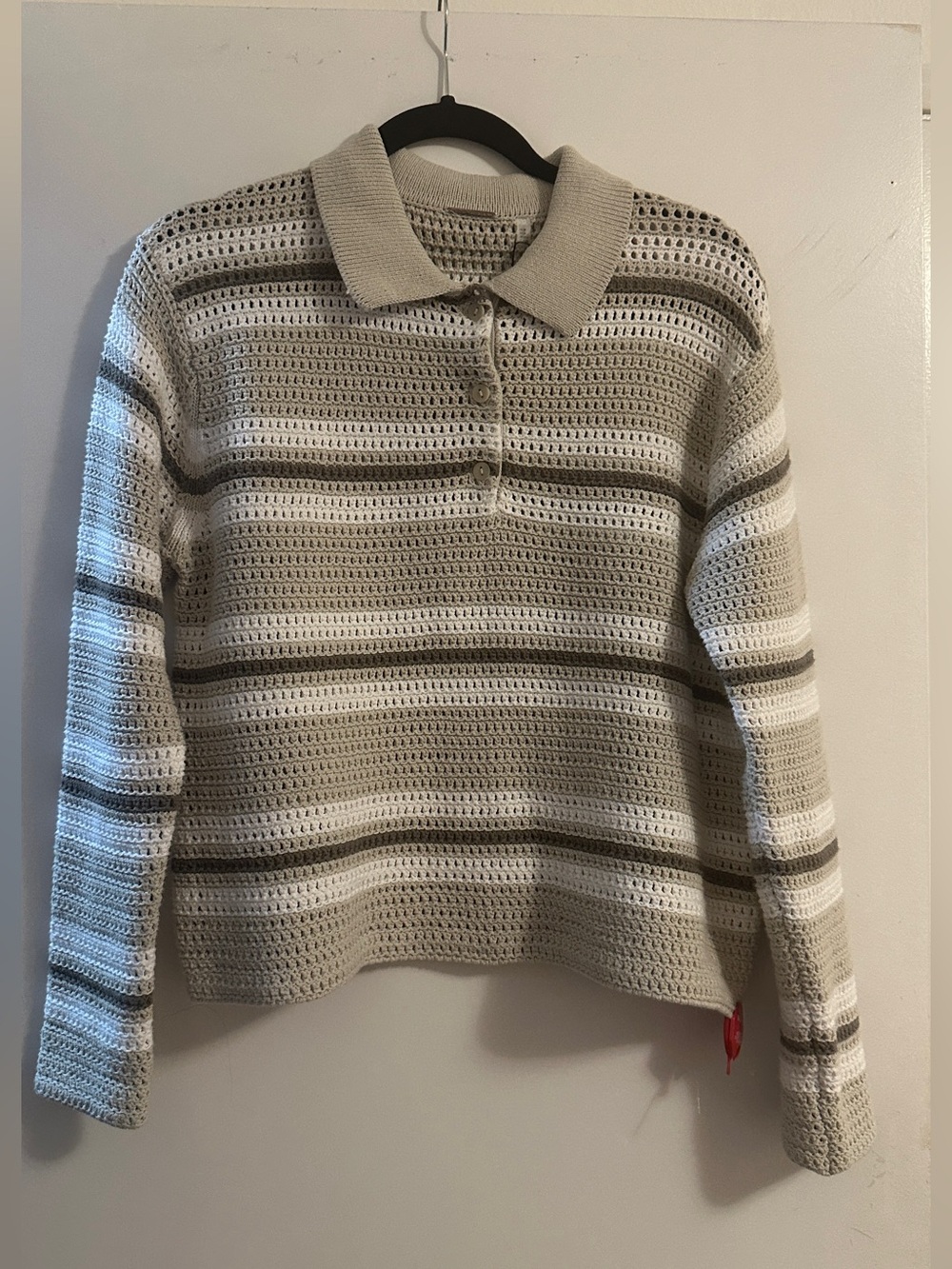 NWT ELIE TAHARI Cream and gray Openwork Polo Sweater